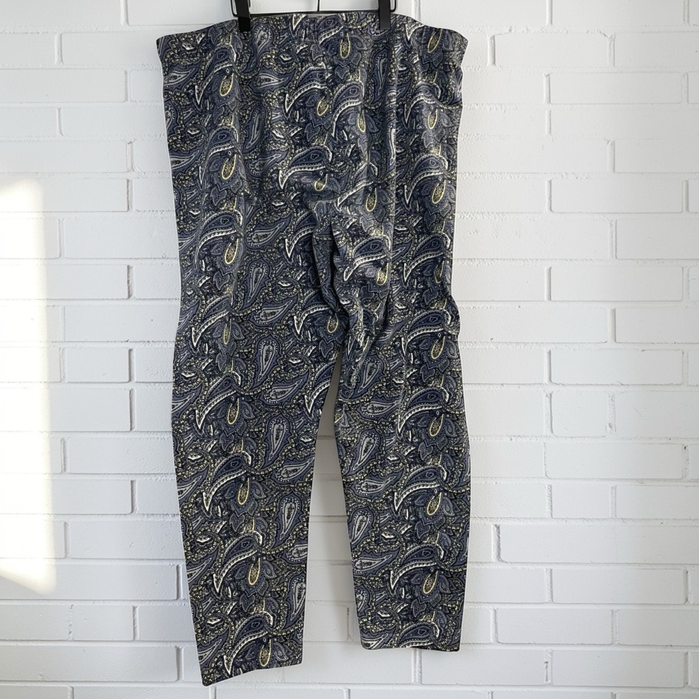 Boho Paisley Cotton Stretch Pants Blue Yellow Elastic Waist Cottagecore Chic